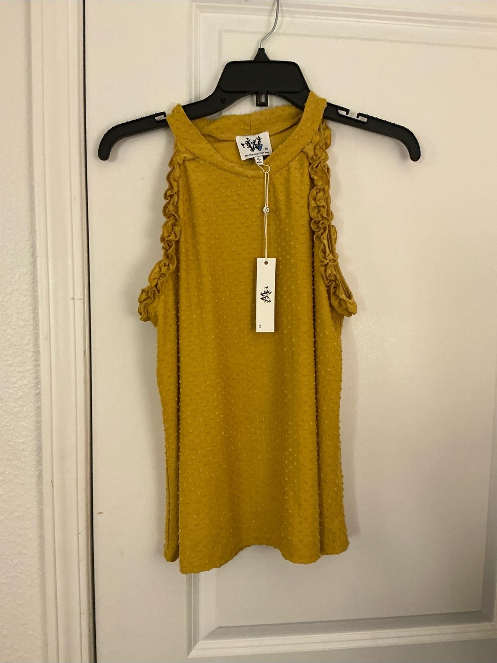 Who What Wear Womens M Mustard Yellow Swiss Dot Ruffle Halter Tank Top NWT